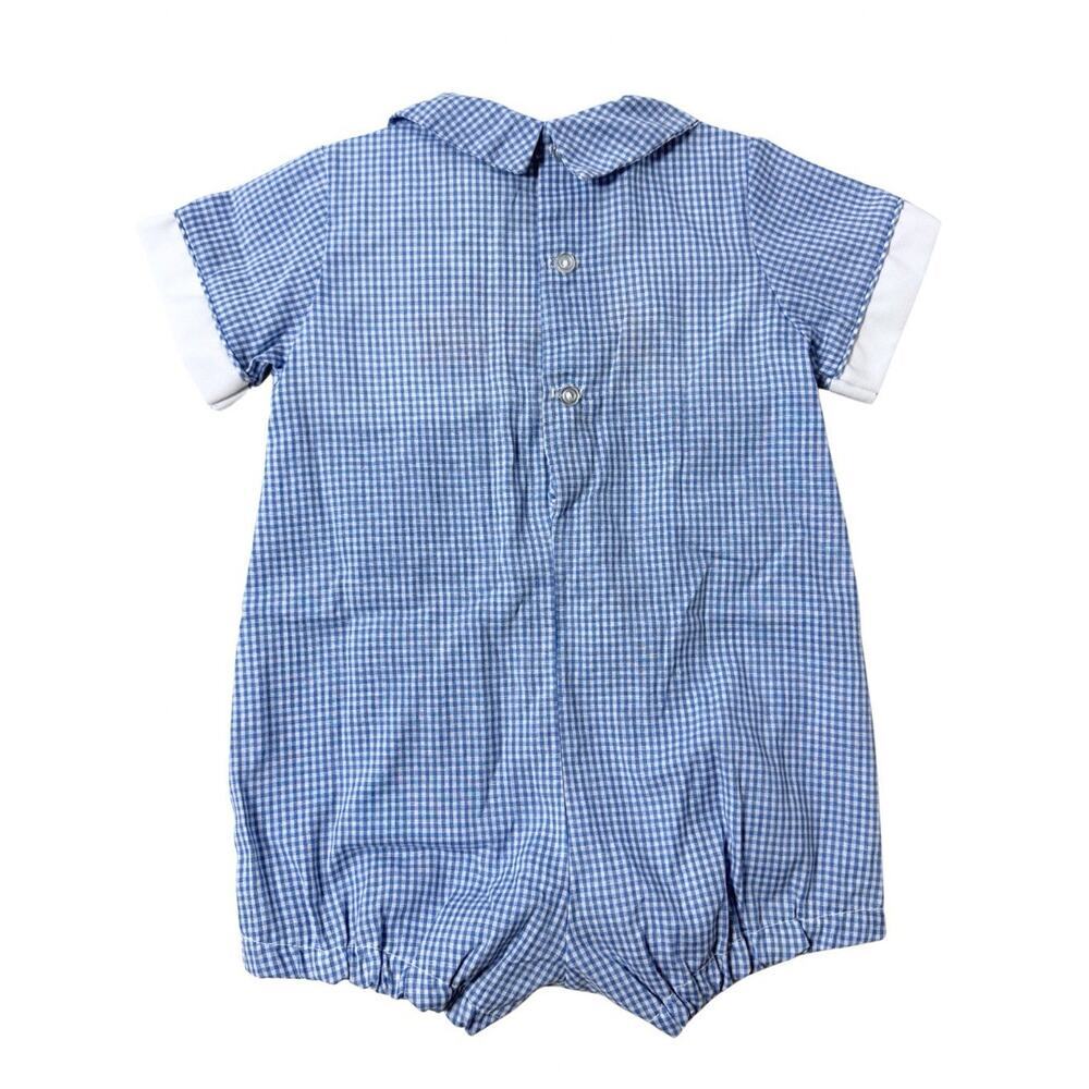 Vintage Alexis Baby Boy Smocked Train Bubble Romper Blue Gingham 6M Jon Jon - Picture 3 of 6